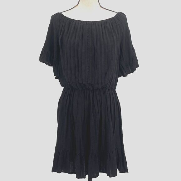 Talulah Mini Dress M Black Peasant Flutter Sleeves Elastic Shoulders Ruffle Hem - Picture 1 of 12
